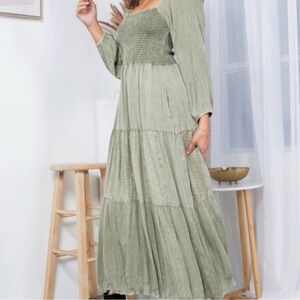 Young Threads Olive Green Smocked Bodice Maxi Dress
